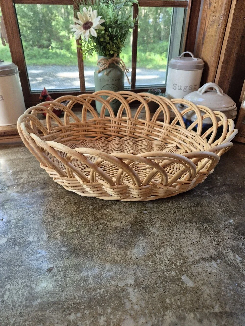 Vintage Crate & Barrel Willow Wood Basket Open Loop Lace Edge Bowl Handwoven